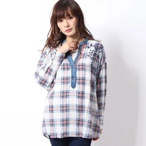 Desigual NWT Augustine Plaid Floral Embellished Split Neck Blouse - Large